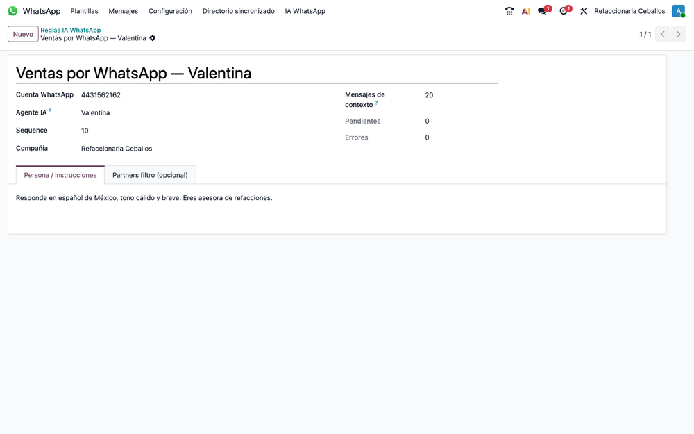 Configuración de la asistente de IA en Odoo